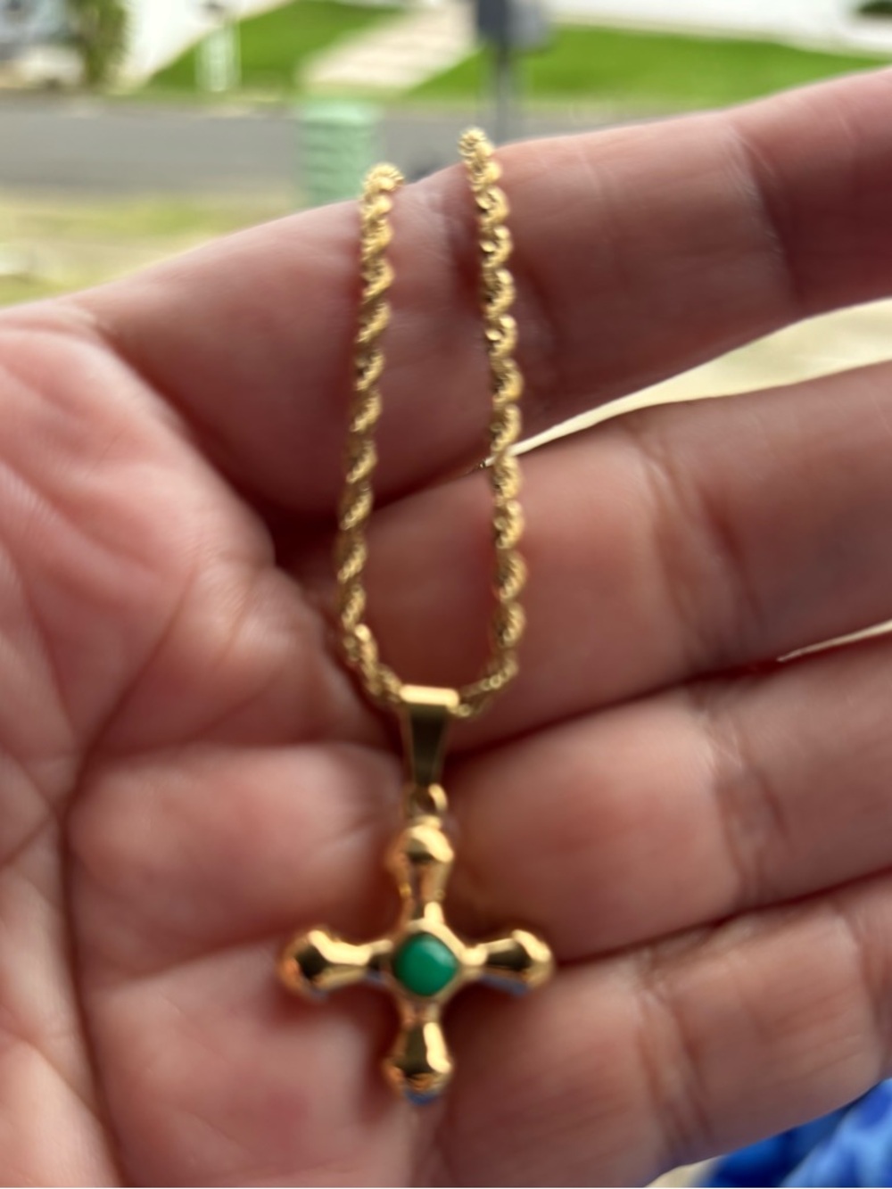 Gold Cross Pendant Necklace with Green Center Stone - Women Jewelry